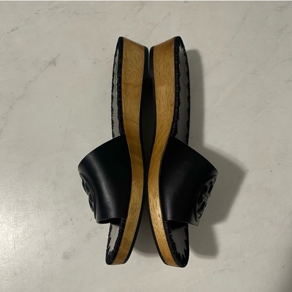 Tory Burch Aerin Black Leather Wooden Wedge Platform Slide Sandals Size 6.5 - Picture 3 of 7